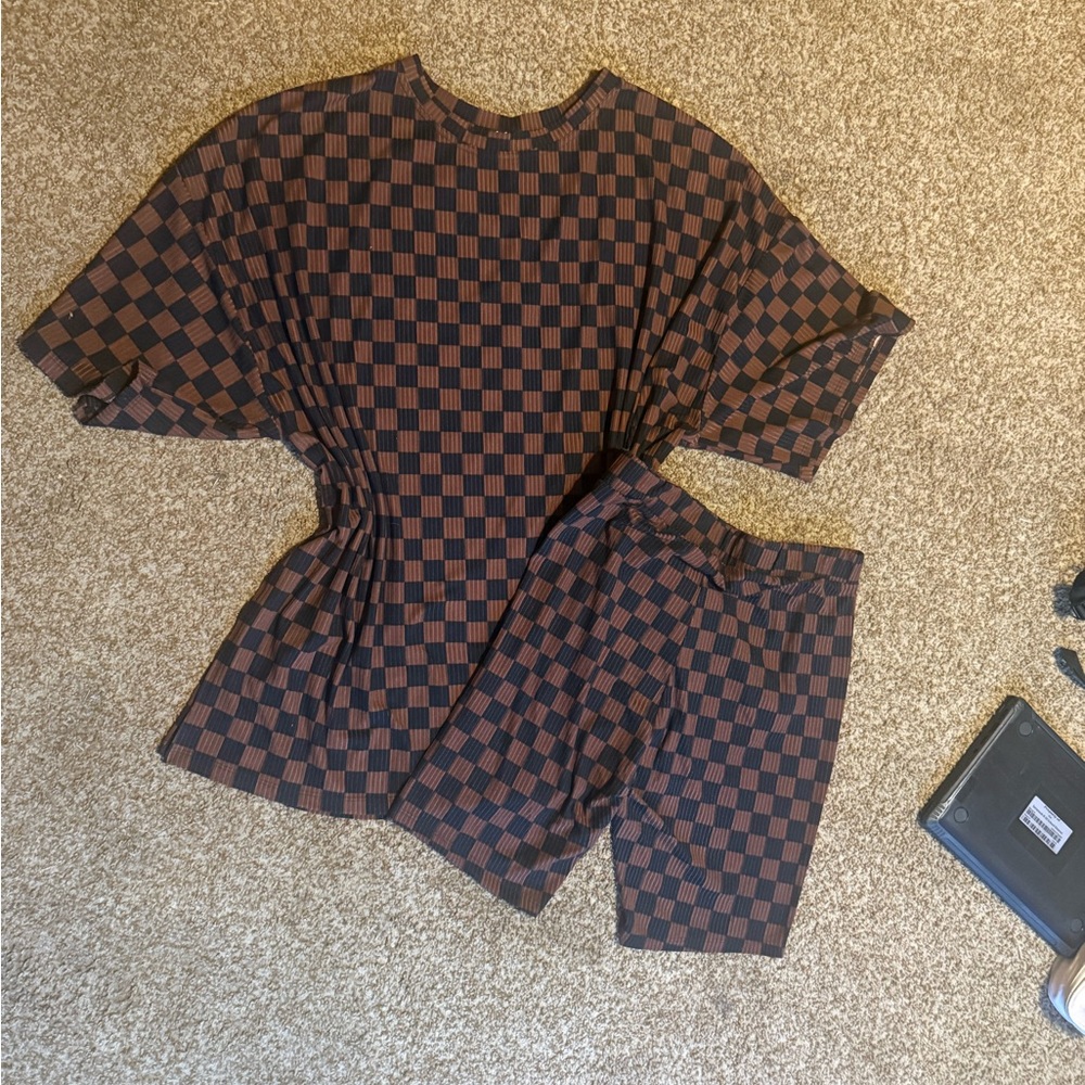 LALA Original Malone Ribbed Biker Set in Black + Mocha Checkerboard (2XL)